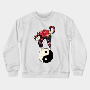 JAPANESE CAT WITH DRAGON RED DEVIL TATTOOS ON YIN YANG SYMBOL Crewneck Sweatshirt